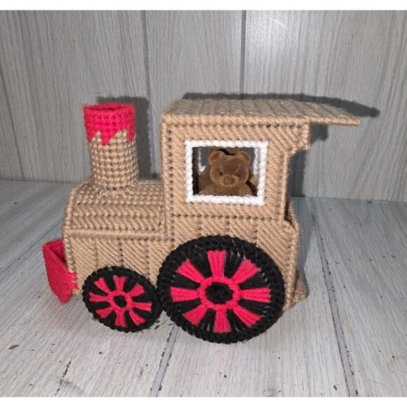Vintage Plastic Canvas Needlepoint Christmas Train Engine Bear Conductor Decor - Picture 1 of 7
